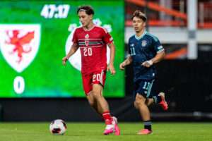 Charlie Stevens of Wales during the UEFA European Under-19 Championship 2026 Group A match between Wales and Germany The Racecourse Ground on July 1 in Wrexham, Wales