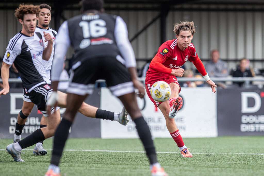 Callum West of Connah's Quay Nomads during the 2026-27 Novira Cymru Premier match between Flint Town United and Connah's Quay Nomads at Flint, Essity Stadium, Wales.