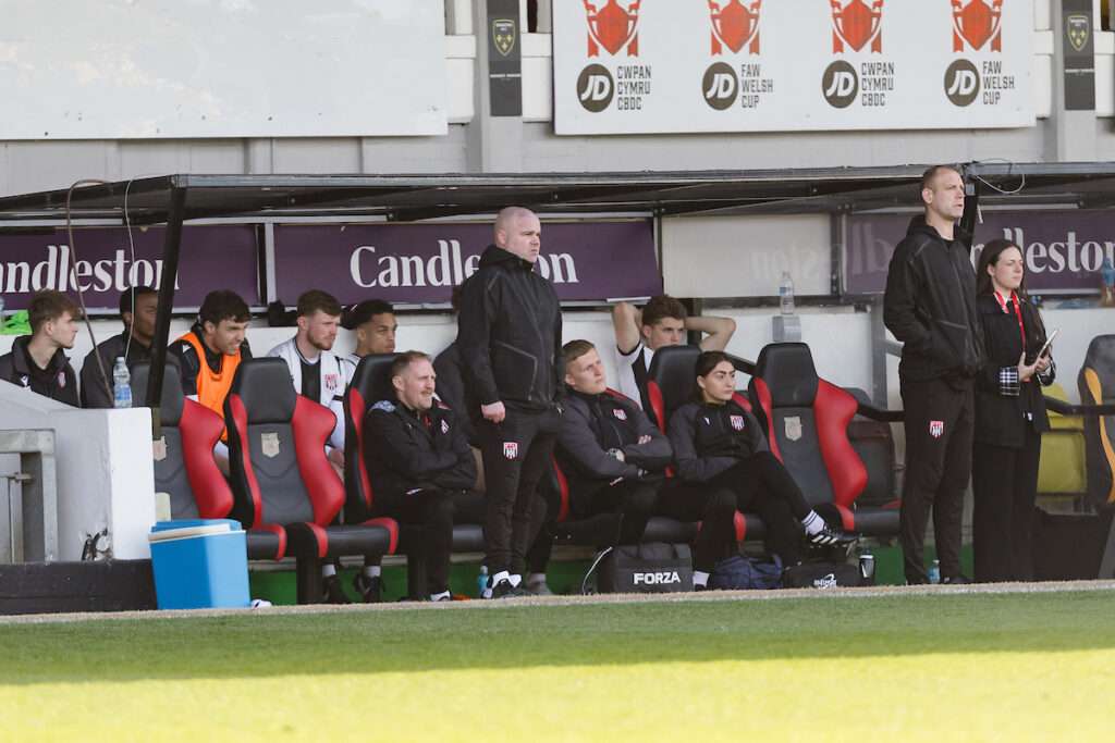 Flint Town manager Lee Fowler during the 2025/26 JD FAW Welsh Cup Final fixture between Caernarfon Town F.C & Flint Town United F.C at Rodney Parade, Newport, Wales