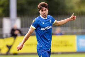 Haverfordwest County's Daniel Hawkins scores and celebrates 1-0 during the 2026/27 Novira Cymru Premier league fixture between Haverfordwest County AFC & Trefelin BGC at The Dynamite Bridge Meadow Stadium, Haverfordwest, Wales