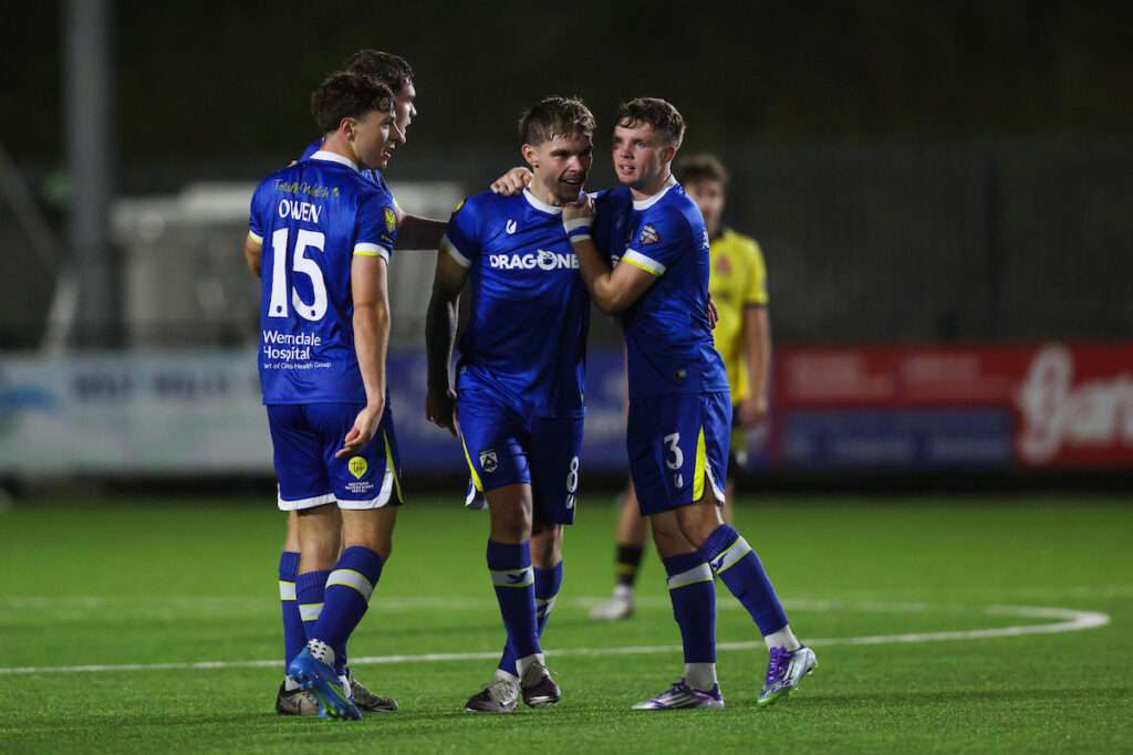Corey Shephard of Haverfordwest County celebrates after scoring a goal 2-1 during the 2026/27 Novira Cymru Premier fixture between Haverfordwest County & Briton Ferry Llansawel at Dynamite Bridge Meadow, Haverfordwest, Wales