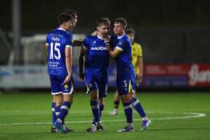 Corey Shephard of Haverfordwest County celebrates after scoring a goal 2-1 during the 2026/27 Novira Cymru Premier fixture between Haverfordwest County & Briton Ferry Llansawel at Dynamite Bridge Meadow, Haverfordwest, Wales