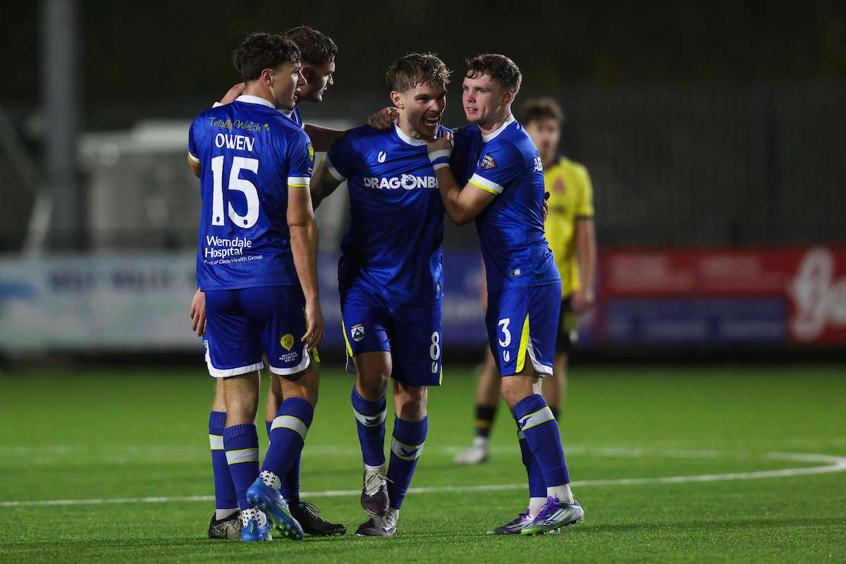 Corey Shephard of Haverfordwest County celebrates after scoring a goal 2-1 during the 2026/27 Novira Cymru Premier fixture between Haverfordwest County & Briton Ferry Llansawel at Dynamite Bridge Meadow, Haverfordwest, Wales