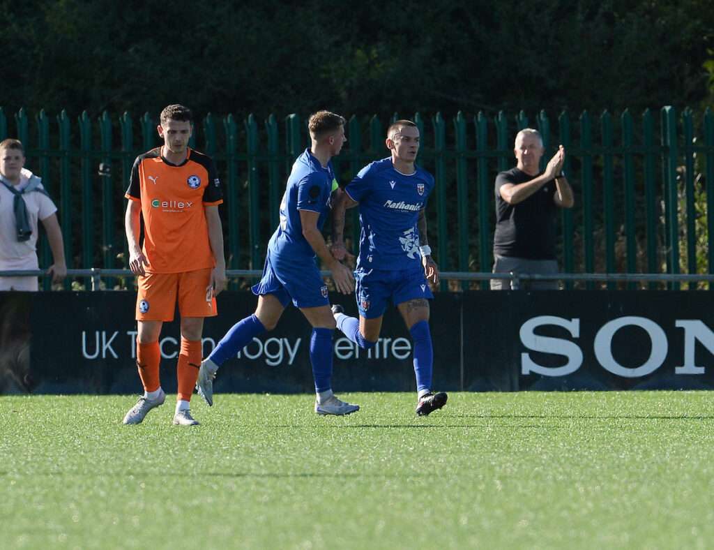 Penybont FC's Ryan Hill celebrates scoring his side's first goal