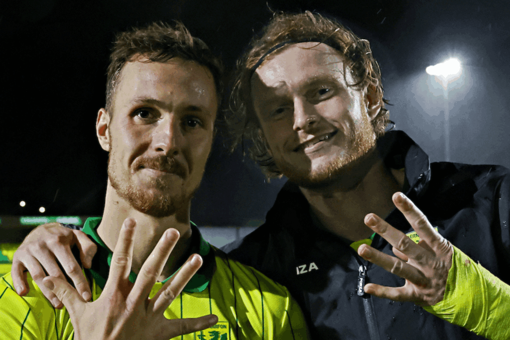 Caernarfon Town's Ryan Sears and Caernarfon Town's Zack Clarke celebrate after Caernarfon Town vs Cambrian United in Round 10 of the Novira Cymru Premier at The Oval, Caernarfon