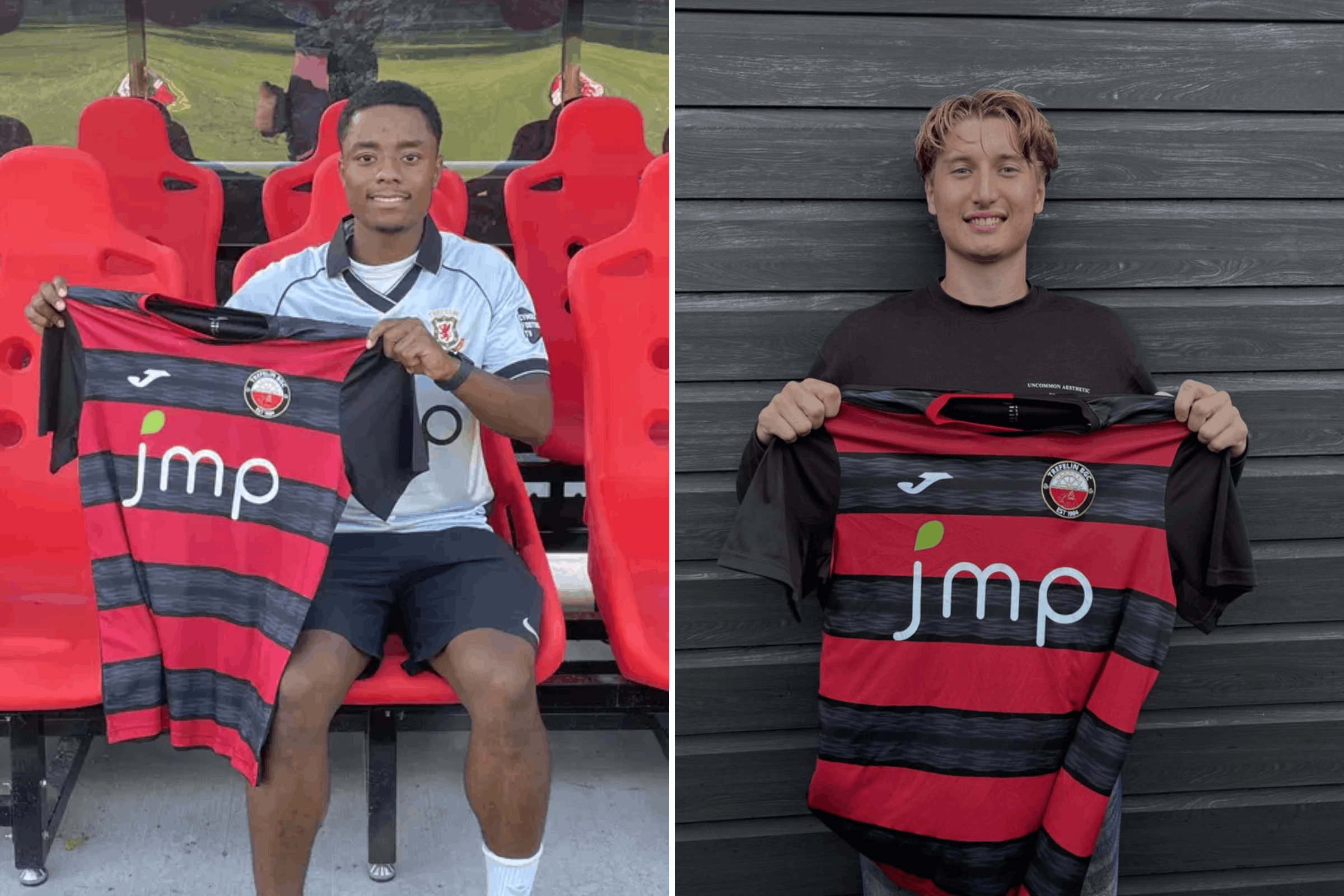 Bayan Aman and Owen Degelman hold up Trefelin shirts