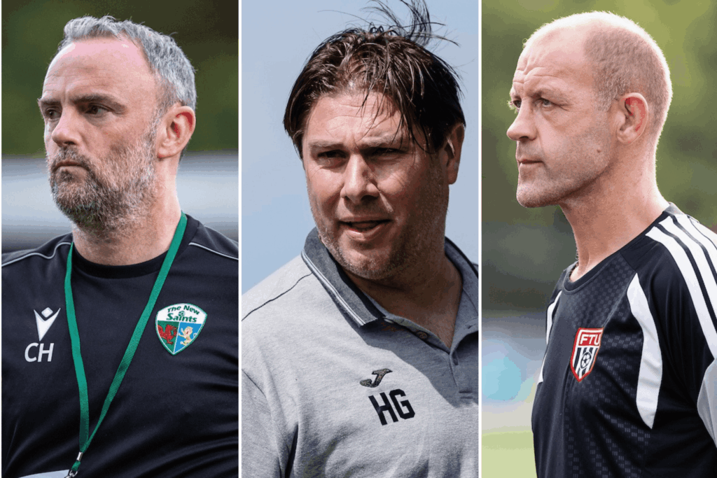 Alt text: Collage featuring Chris Hughes, Huw Griffiths and Steve Evans during their respective football careers in Wales, with Hughes on the touchline for The New Saints, Griffiths celebrating Caernarfon Town’s 2022 Cymru Premier play-off final victory, and Evans during Flint Town United’s 2026/27 Cymru Premier campaign.