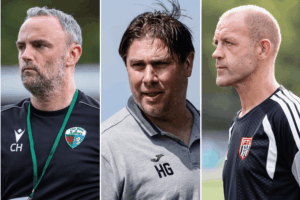 Alt text: Collage featuring Chris Hughes, Huw Griffiths and Steve Evans during their respective football careers in Wales, with Hughes on the touchline for The New Saints, Griffiths celebrating Caernarfon Town’s 2022 Cymru Premier play-off final victory, and Evans during Flint Town United’s 2026/27 Cymru Premier campaign.