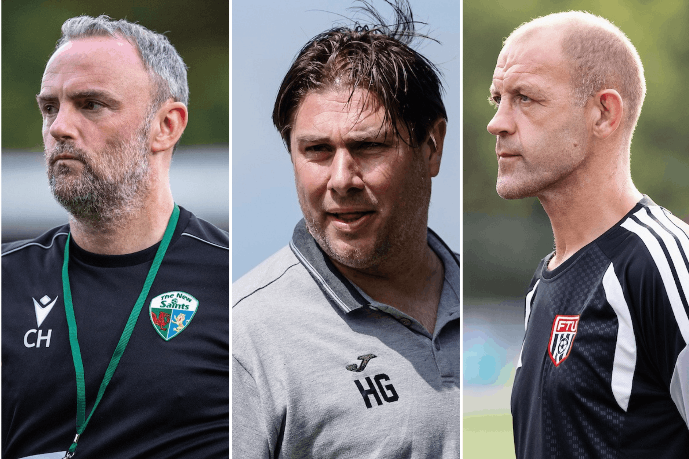 Alt text: Collage featuring Chris Hughes, Huw Griffiths and Steve Evans during their respective football careers in Wales, with Hughes on the touchline for The New Saints, Griffiths celebrating Caernarfon Town’s 2022 Cymru Premier play-off final victory, and Evans during Flint Town United’s 2026/27 Cymru Premier campaign.