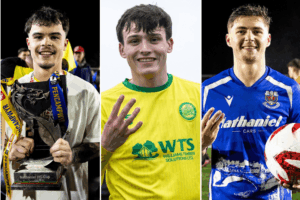 Collage featuring Barry Town's Ieuan Owen during the 2025/26 Nathaniel MG Cup Final, Caernarfon Town's Louis Lloyd celebrating his four goals against Barry Town United in the JD Cymru Premier Playoffs, and Penybont's James Crole celebrating his hat-trick against Cambrian United in the JD Welsh Cup.