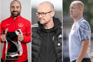 Three-image collage featuring Danny Holmes with the MG Cup trophy, Scott Ruscoe before Newtown's Welsh Cup match, and Steve Evans during Flint Town United's match against Holywell Town.
