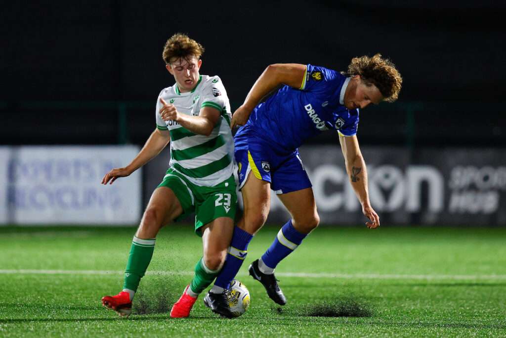 Zach Nolan of The Nw Saints and Greg Walters of Haverfordwest County during the Novira Cymru Premier game between The New Saints and Haverfordwest County at Park Hall Stadium in Oswestry