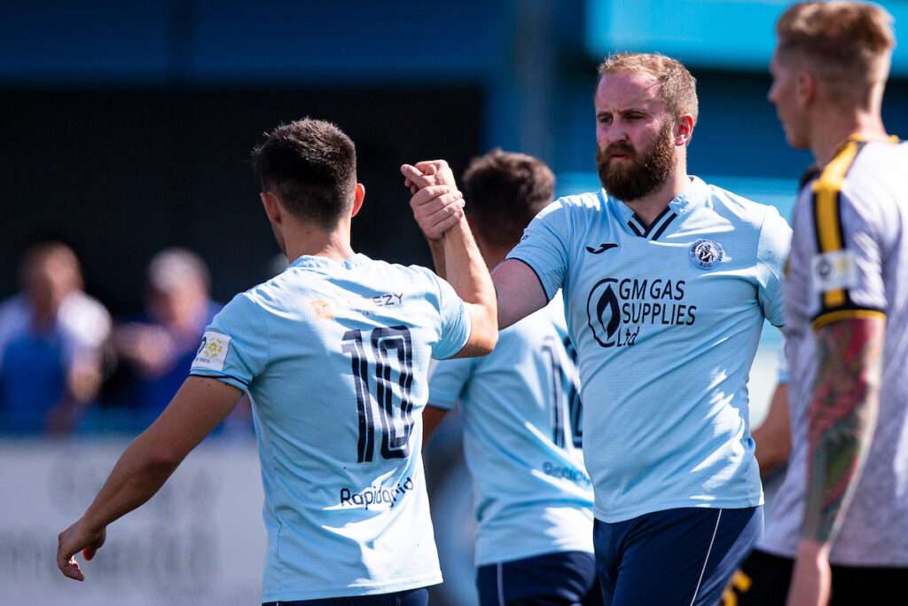 Ryan Prosser of Cambrian & Clydach celebrates scoring his sides first goal from the penalty spot. 
Cambrian & Clydach v Llantwit Major in the JD Cymru South at M&P Group 3G on the 29th August 2022