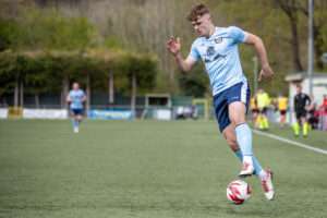 Newport's Cole Jarvis during the 2023/24 Dragon Signs FAW Amateur Trophy Final fixture between Newport City FC & Penrhyncoch FC at Latham Park, Newtown, Wales