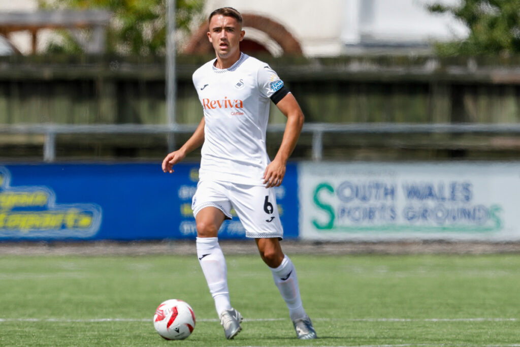 Iestyn Jones of Swansea City u21 during the 2025/26JD Nathanial MG Cup fixture between Carmarthen Town AFC & Swansea City u21s at LHP Stadium, Carmarthen, Wales.