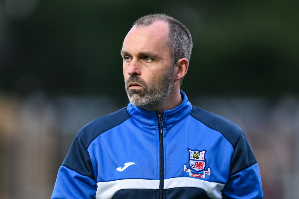 Darren Garmey Manager of Holyhead Hotspur during the JD Cymru North between Llandudno and Holyhead Hotspur at the Go Goodwins Stadium in Llandudno on the 25th July 202