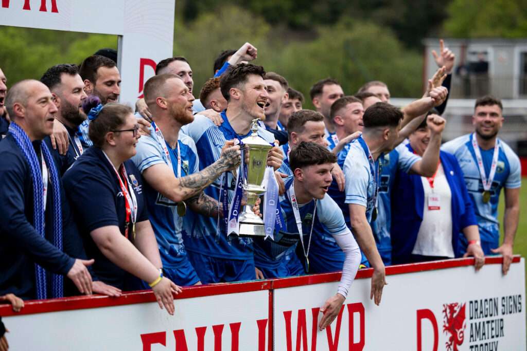 Port Talbot town celebrate at full time during the 2024/25 FAW Dragon Signs Amateur Trophy final between Port Talbot Town FC & Penygraig United FC at Ynys Park, Trefelin, Port Talbot, Wales