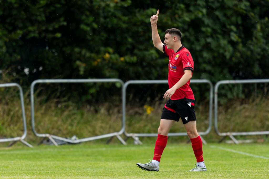 Tom Davies of Baglan Dragons celebrates scoring his sides second goal.
Baglan Dragons v Pontypridd United in the JD Cymru South at Evans Bevans Playing Fields on the 27th July 2025