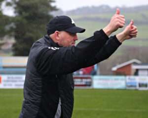 Paul Moore, Manager of Rhyl 1879 after the JD Welsh Cup Semi-Final between Rhyl 1879 and Caernarfon Town at The Blue Turtle Arena in Colwyn Bay