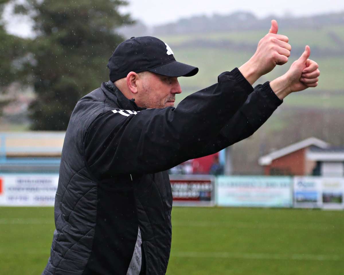Paul Moore, Manager of Rhyl 1879 after the JD Welsh Cup Semi-Final between Rhyl 1879 and Caernarfon Town at The Blue Turtle Arena in Colwyn Bay