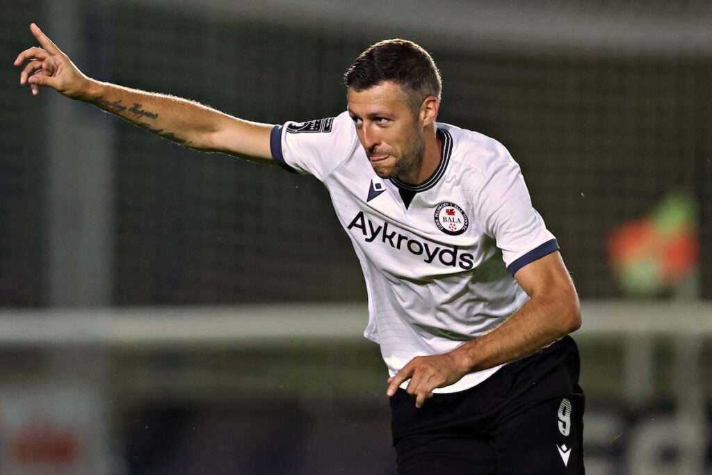 Craig Lindfield of Bala Town celebrates his goal during CPD Dinas Bangor 1876 vs Bala Town in Round 1 of the Novira Cymru Leagues North at the Bangor City Stadium, Bangor