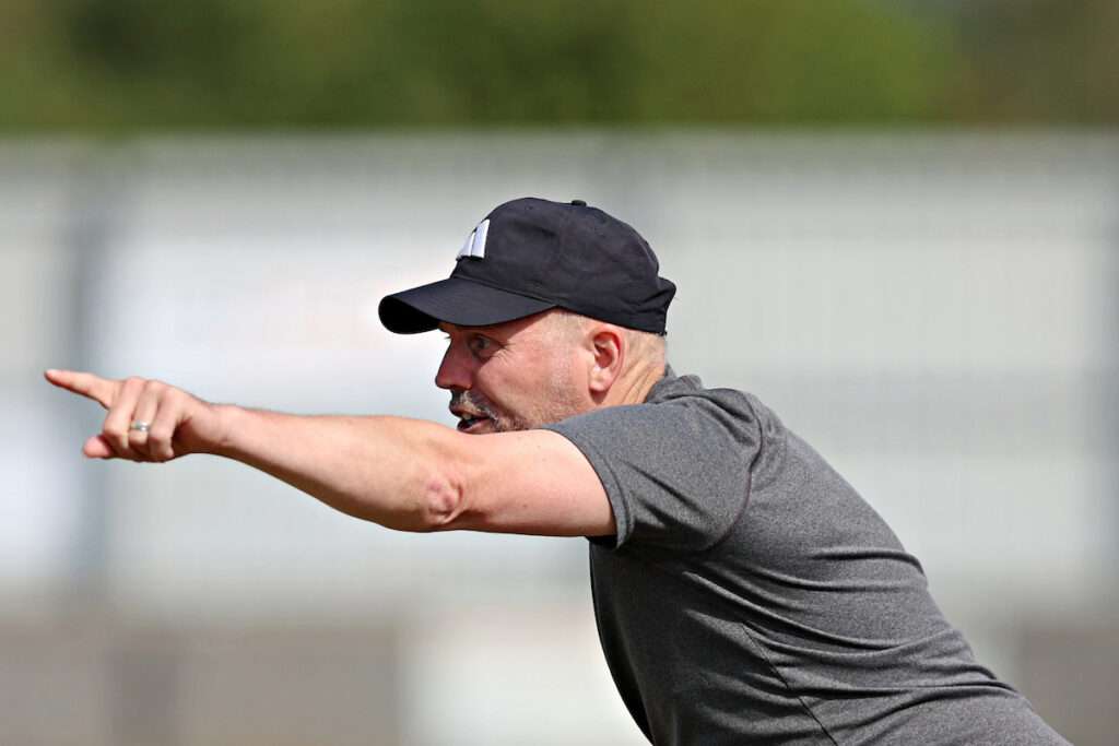 Paul Moore, Manager of CPD Y Rhyl 1879 during CPD Porthmadog vs CPD Y Rhyl 1879 in Round 2 of the Novira Cymru North at Y Traeth, Porthmadog