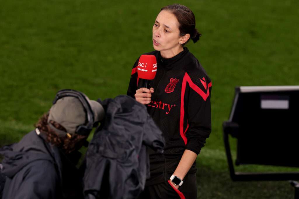 Wrexham's Head Coach Jenny Sugarman in the Genero Adran Premier 26/27 fixture between Cardiff City Women FC and Wrexham AFC Women at Cardiff City Stadium in Cardiff, Wales.