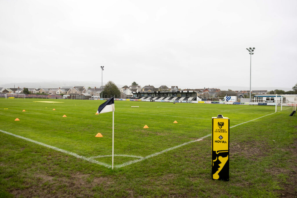 General View of the Recreation Ground during the 2026/27 Novira Cymru Premier match between Ammanford & Penybont at the Recreation Ground, Ammanford, Wales.