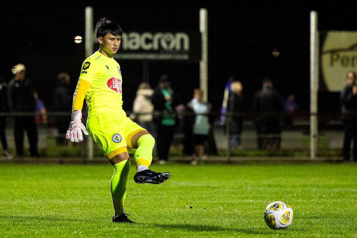 Ammanford’s Tom Wright during the 2026/27 Novira Cymru Premier match between Ammanford & Penybont at the Recreation Ground, Ammanford, Wales.