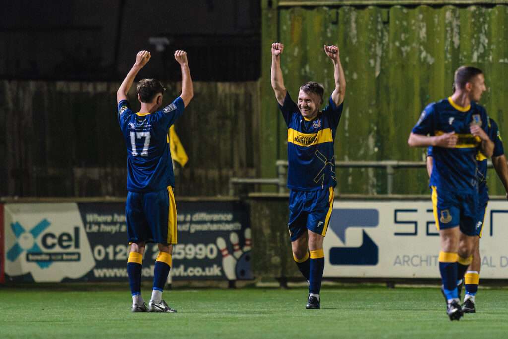 Llantwit Major celebrate beating Carmarthen Town in the Cymru South