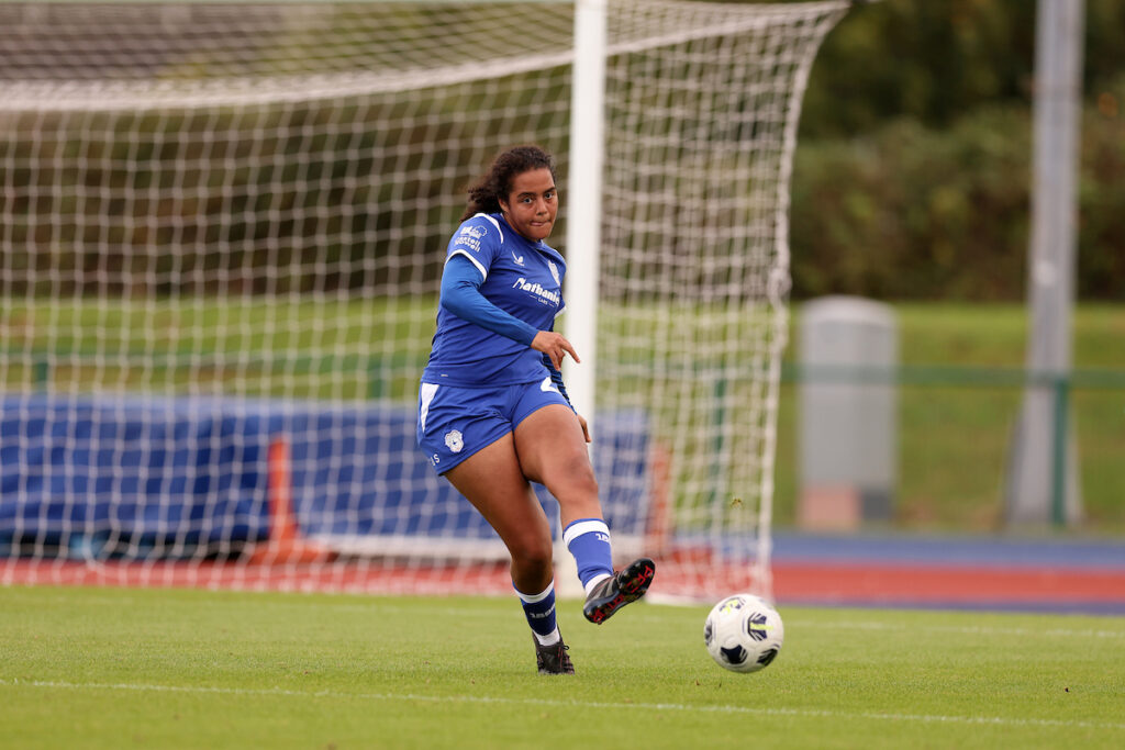 Cardiff City Womens' Ella Hilliard in the Genero Adran Premier 26/27 fixture between Cardiff City Women FC and Cardiff Met WFC Women at Cardiff International Sports Stadium in Cardiff, Wales