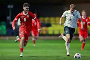 Cymru U21's Charlie Crew during Cymru U21s vs Austria U21s in Round 8 of the Euro U21 Qualification Group I at The Oval, Caernarfon