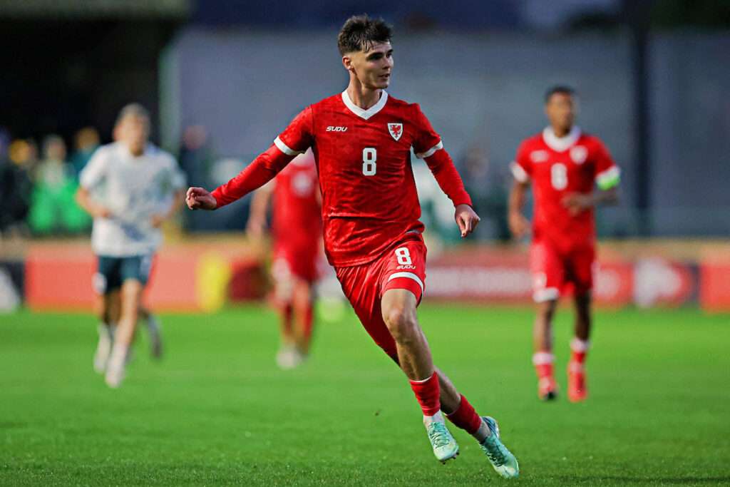 Cymru U21's Charlie Crew during Cymru U21s vs Austria U21s in Round 8 of the Euro U21 Qualification Group I at The Oval, Caernarfon