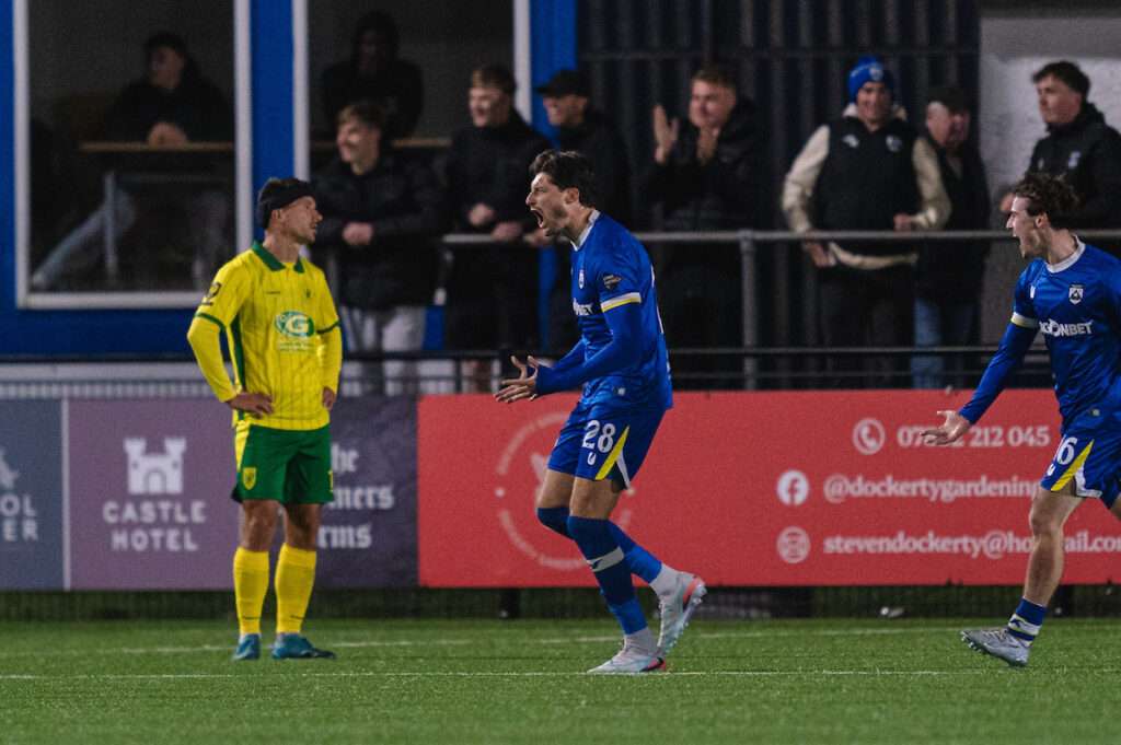 Haverfordwest County's Ben Ahmun celebrating bringing the home side level during the Novira Cymru Premier 2026/27 fixture Haverfordwest County vs Caernarfon Town at Dynamite Bridge Meadow Stadium, Haverfordwest, Wales