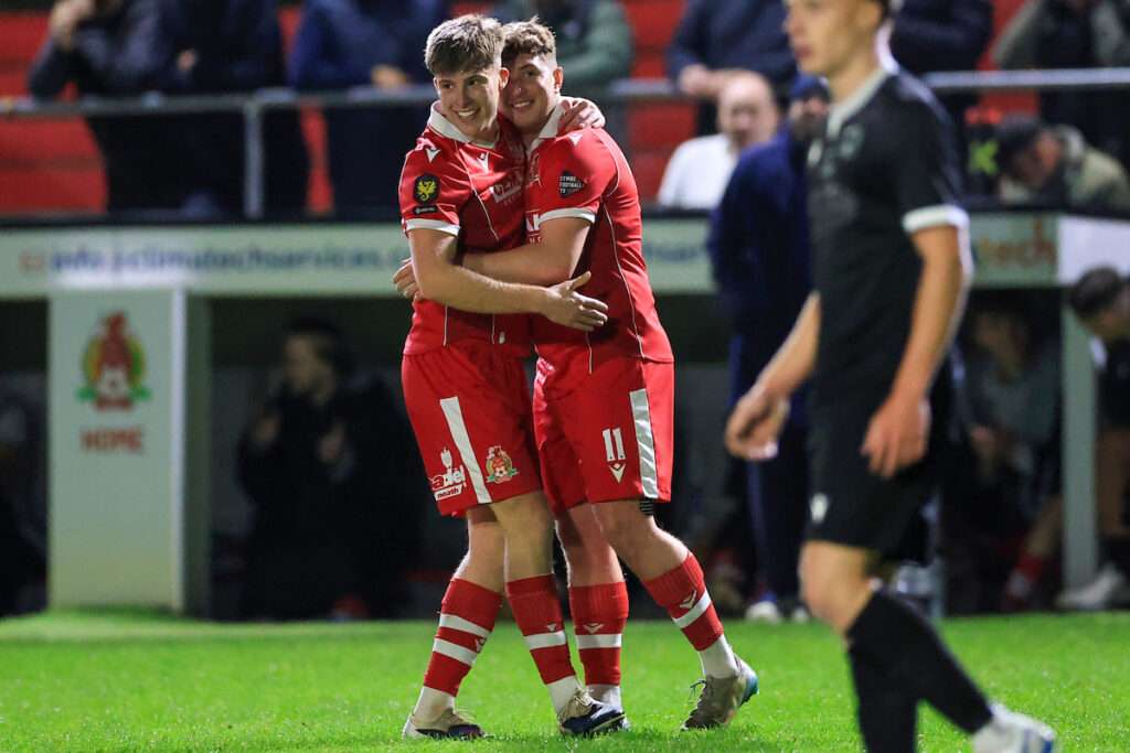 Briton Ferry Llansawel FC’s Joseph Lloyd celebrates after scoring during the 2026/27 FAW Welsh Cup 26/27 fixture between Briton Ferry Llansawel FC & Afan United FC at The Renewable Centre Stadium, Neath, Wales