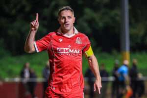 Briton Ferry Llansawel AFC's Luke Bowen celebrates after scoring during the 2026/27 FAW Welsh Cup 26/27 fixture between Briton Ferry Llansawel FC & Afan United FC at The Renewable Centre Stadium, Neath, Wales