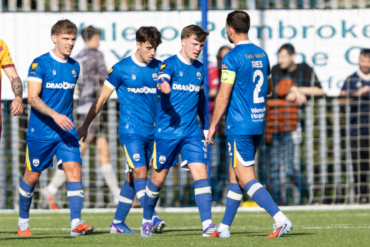 , Rhys Abbruzzese of Haverfordwest County celebrates scoring his teams second goal during the FAW Welsh Cup 2026/27 fixture Haverfordwest County vs Cardiff