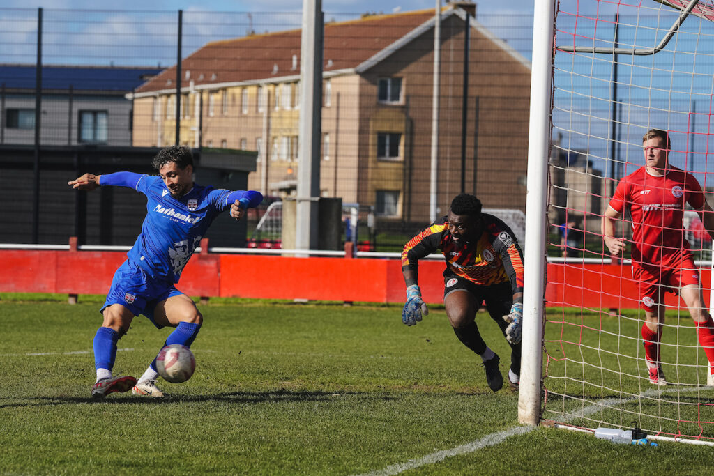 Penybont's Tyler Walker scores to retake the lead during the FAW Welsh Cup 2026/27 Round 2 fixture Afan Lido vs Penybont FC at Marston's Stadium, Port Talbot, Wales 