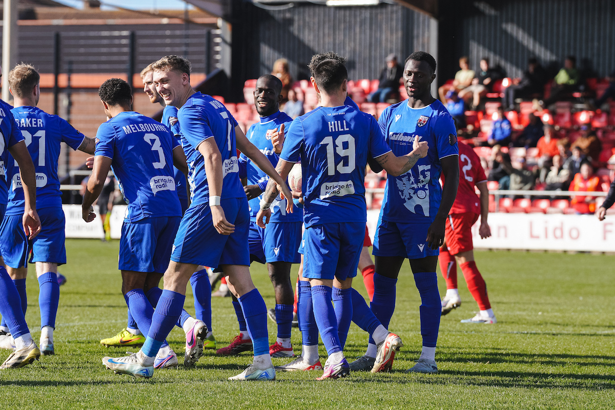 Penybont's Ryan Hill celebrating his goal during the FAW Welsh Cup 2026/27 Round 2 fixture Afan Lido vs Penybont FC at Marston's Stadium, Port Talbot, Wales