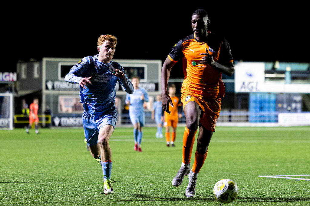 Airbus UK Broughton's Brandon Diau during the 2025/26 Novira Cymru Premier match between Cambrian United & Airbus UK Broughton at the M&P Group 3G in Clydach Vale, Wales