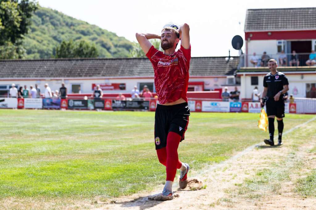Jordan Pike of Baglan Dragons takes a throw in during the 2026/27 Novira Cymru South match between Baglan Dragons & Pure Swansea at the The Renewable Centre Stadium, Briton Ferry, Wales