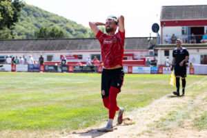 Jordan Pike of Baglan Dragons takes a throw in during the 2026/27 Novira Cymru South match between Baglan Dragons & Pure Swansea at the The Renewable Centre Stadium, Briton Ferry, Wales