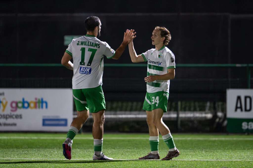 OSWESTRY, WALES - 15 SEPTEMBER 2026: Josh Lock of The New Saints F.C.celebrates his goal to make it 2-0 during the Novira Cymru Premier game between The New Saints and Flint Town United at the Park Hall Stadium, in Oswestry. (Pic by Craig Thomas /FAW)