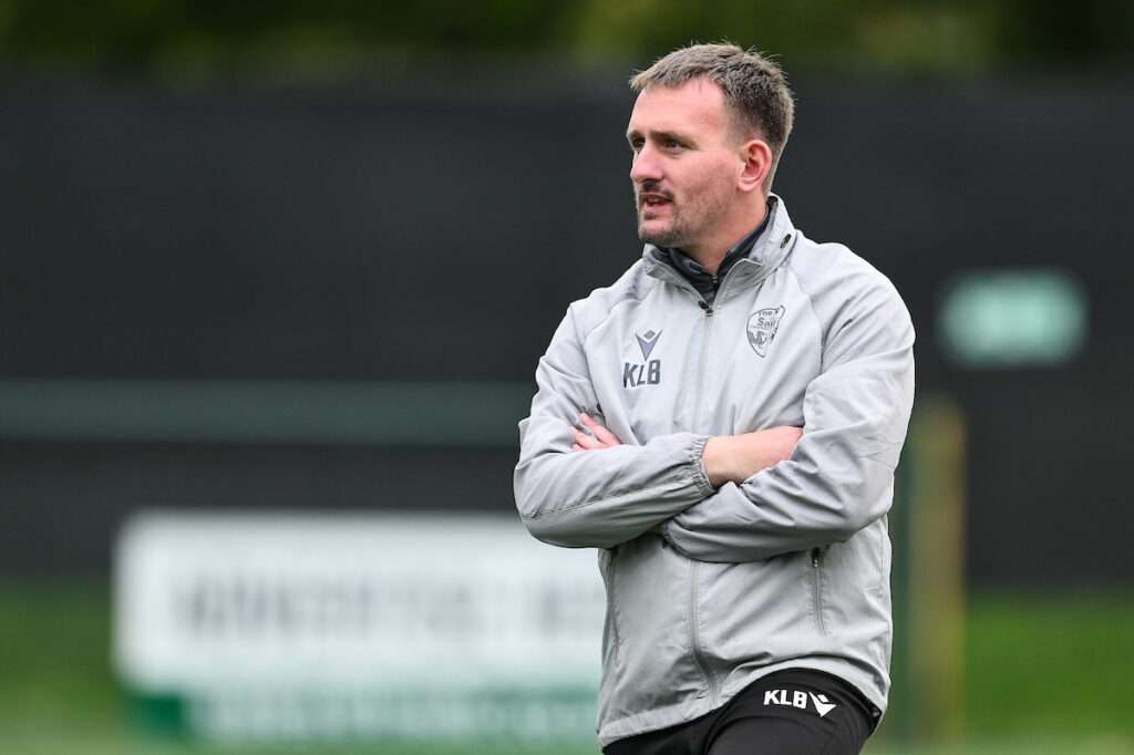 TNS Womens' manager Kieran Lee-Birch during the pre-game warmup ahead of the Genero Adran Premier game between The New Saints and Swansea City at the Park Hall Stadium in Oswestry
