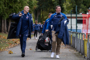 CPD Dinas Bangor 1876's Manager, Huw Griffiths arrives ahead of the Novira Cymru North game between Newtown
