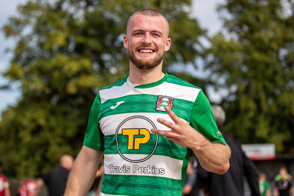 Brickfield Rangers' Andrew Vale celebrates his hat-trick at full time following the 2026-27 Novira Cymru North match between Gresford Athletic and Brickfield Rangers at Clappers Lane, Gresford, Wales