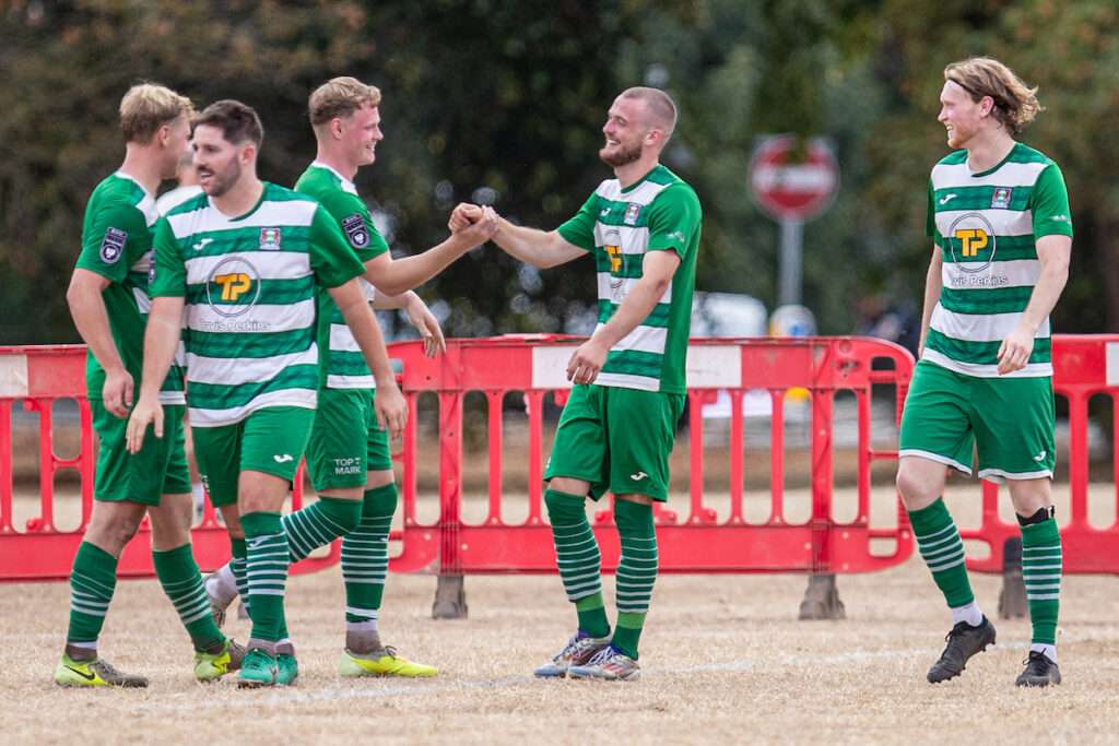 Gresford Athletic’s Joshua Davies Sewell celebrates making it 2-0 during the 2026-27 Novira Cymru North match between Gresford Athletic and Brickfield Rangers at Clappers Lane, Gresford, Wales