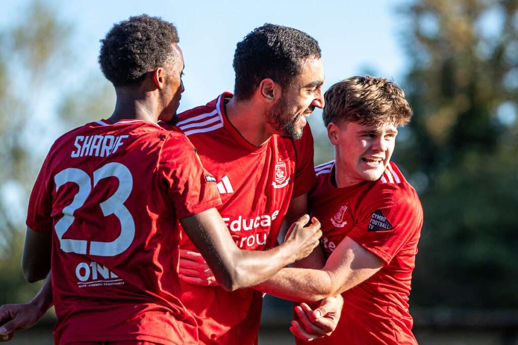 Hussein Mehasseb of Connah's Quay Nomads celebrates his late goal during the 2026-27 Novira Cymru Premier match between Connah's Quay Nomads and Penybont at Essity Stadium, Flint, Wales