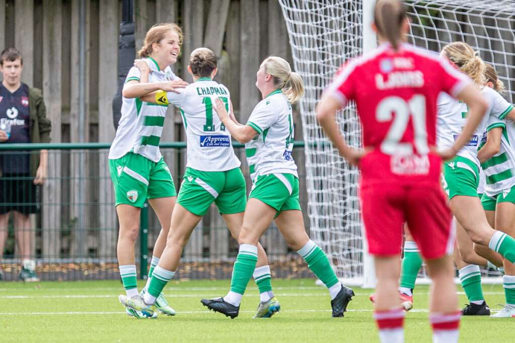 Fiona Barry of The New Saints celebrates her long range opening goal during the 2026-27 Genero Adran Premier match between Wrexham and The New Saints at The Rock, Wrexham, Wales