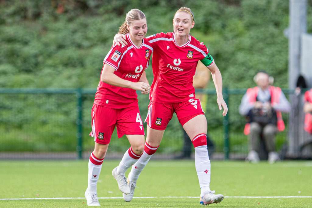 Wrexham's Jodie Bartle pulls a goal back in the second half to make it 2-1 during the 2026-27 Genero Adran Premier match between Wrexham and The New Saints at The Rock, Wrexham, Wales